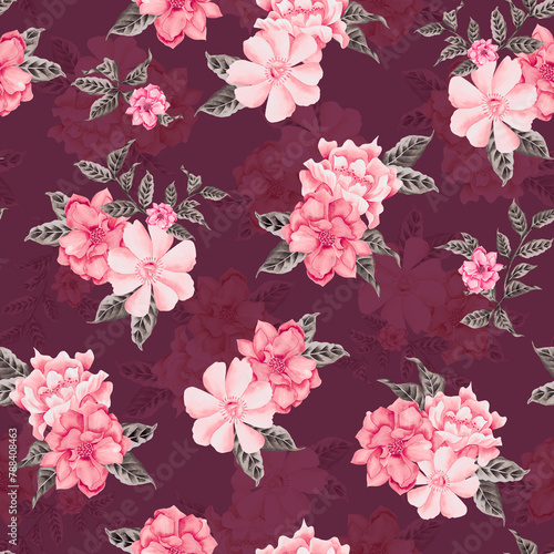 Watercolor flowers pattern  pink tropical elements  gray leaves  pink background  seamless