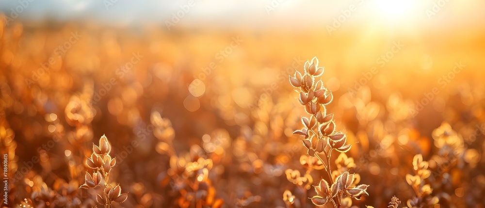 Golden Hour in the Soybean Field. Concept Nature Photoshoot, Golden Hour Lighting, Rural Landscape Portrait, Harvest Season Beauty