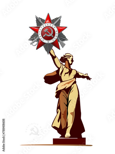 Vector illustration. Poster, sculpture-monument Motherland is calling. May 9th. Happy Victory Day! Order Patriotic War of the 2nd century Translation of Russian inscriptions: Battle of Stalingrad