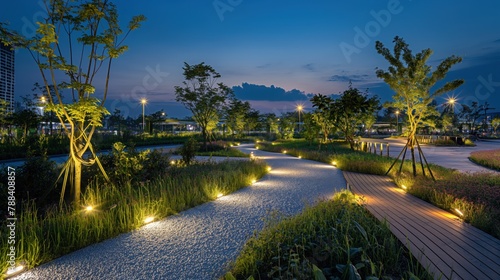 A public park that monitors environmental conditions and adjusts lighting and water usage through sensors