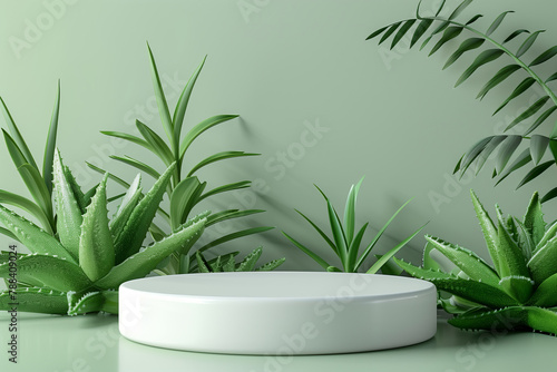 3D rendering of a white podium on an aloe vera. simple background banner design.