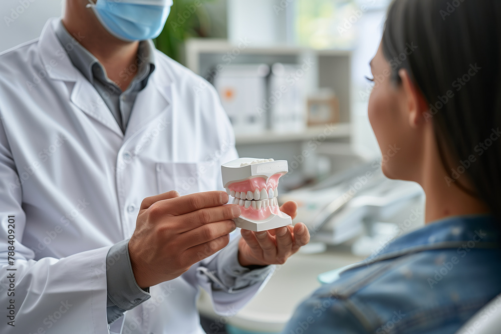 Dentist holds dental model and shows patient how to care for white teeth in clinic. Dentist holds dental model and shows patient how to care for white teeth in clinic.