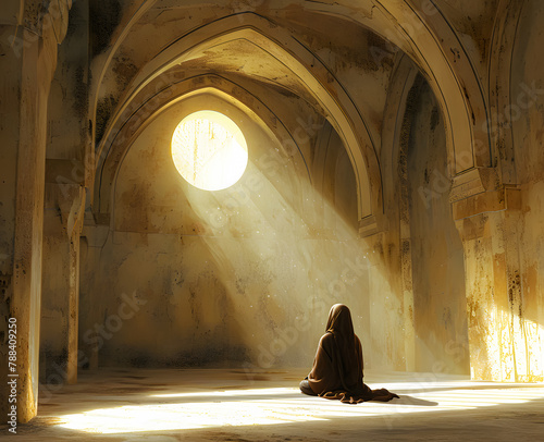 Young muslim woman praying in the mosque and sunlight falling from the window