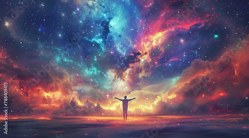 Space, nebula and person with freedom in universe for spiritual healing, hope and awareness. Silhouette, constellation and abstract of galaxy for faith, divine connection and cosmic mindfulness photo