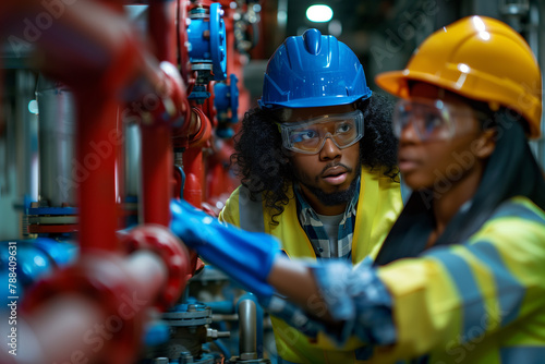 African American male and female engineers inspecting water valves together in a fire safety room.