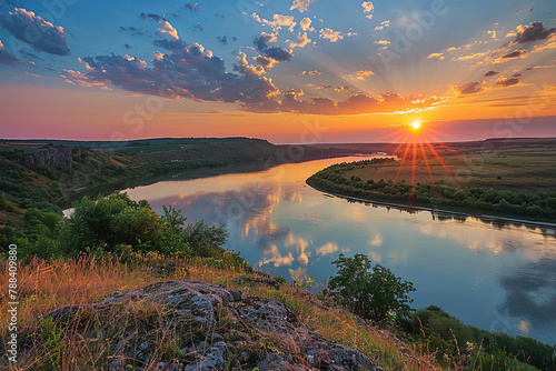 Sunset over the Dniester River. Evening in the National Nature Park Podolskie Tovtry
 photo