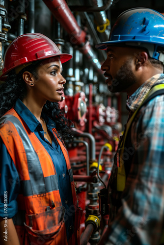 African American male and female engineers inspecting water valves together in a fire safety room.