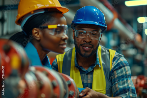 African American male and female engineers inspecting water valves together in a fire safety room.