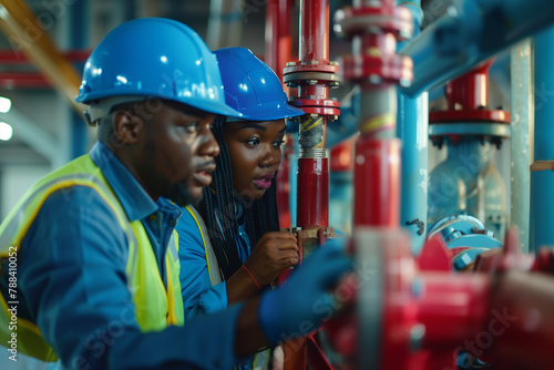 African American male and female engineers inspecting water valves together in a fire safety room.