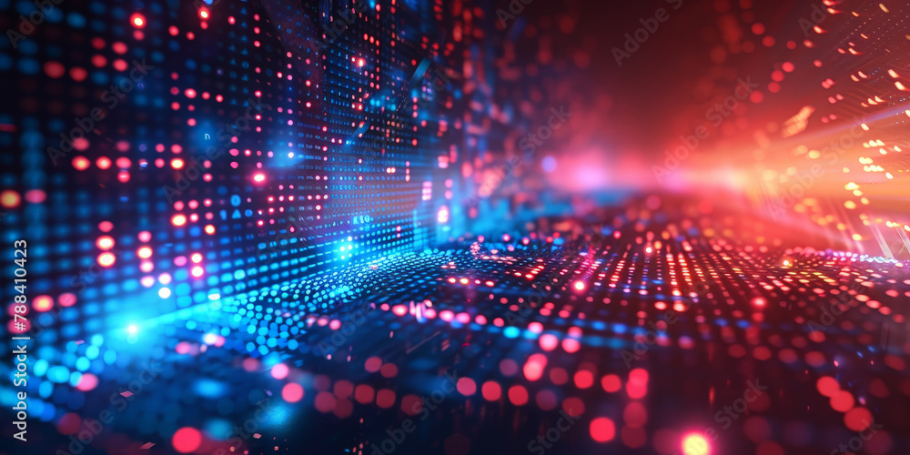 abstract grid of glowing data points and lines, visualization of information in computer science. abstract futuristic backgroundportal tunnel with blue and teal cyberpunk colors on a black background abstract grid of glowing data points and lines, visualization of information in computer science. abstract futuristic backgroundportal tunnel with blue and teal cyberpunk colors on a black background