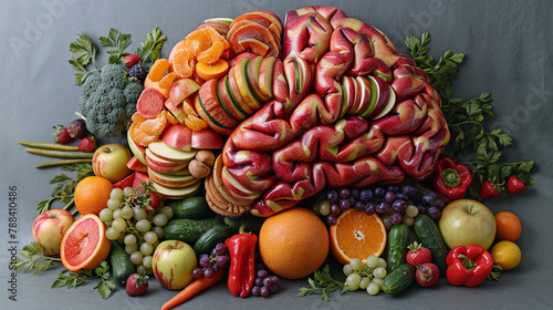 Brain-shaped fruits and vegetable arrangement on a gay background.