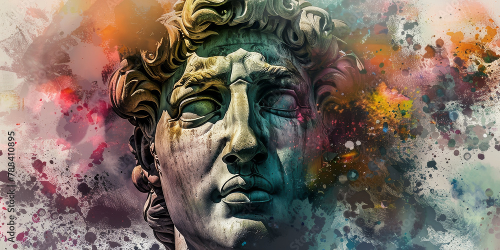 Colorful Abstract Art of Statue with Vibrant Splashes