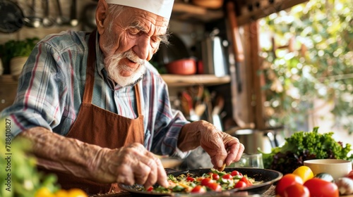 Elderly man seasoning a gourmet dish, showing culinary expertise © Sasint
