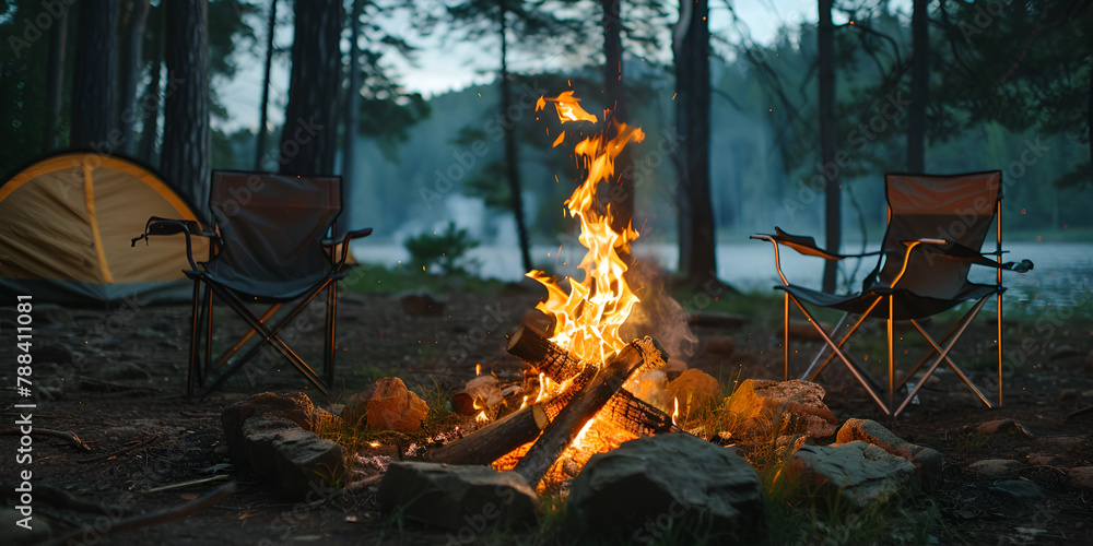 Nighttime Campfire Crackles beautiful bonfire with burning firewood near chairs Campsite with tent lantern and campfire surrounded by orange flames  Camping adventure tent fire nature relaxation explo