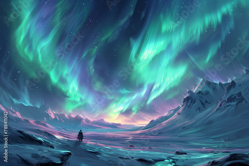 Ethereal pastel shades of the Aurora Borealis ripple over the frozen moonlit Arctic tundra evoking a sense of celestial wonder 
