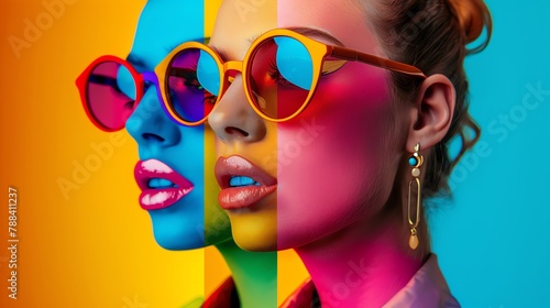Bright pop art collage, ample copyspace, neon colors, 60s style, front camera, vivid detail