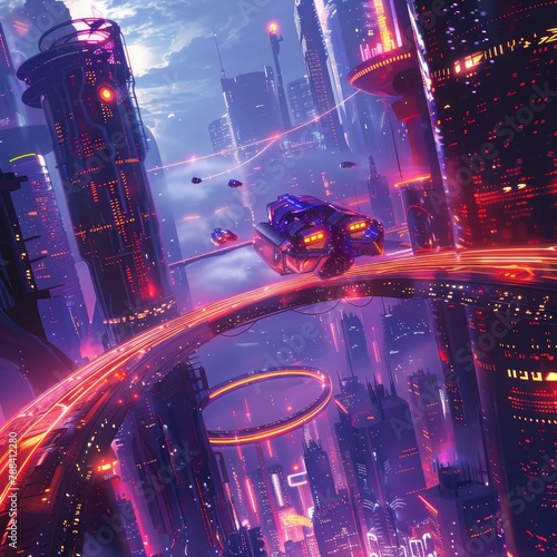 Futuristic neon city with flying vehicles and dynamic architecture photo