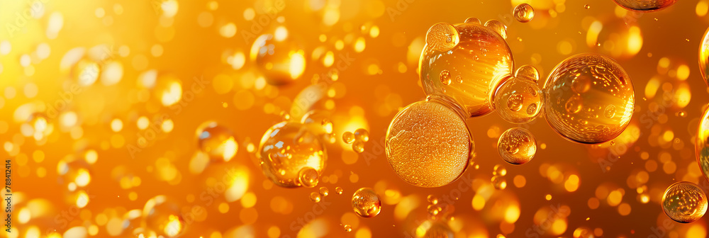 Oil bubbles on orange background Light reflection and refraction.