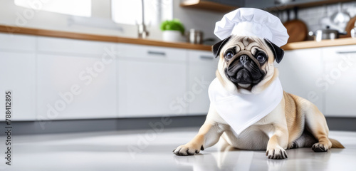 Pug in white chef's hat on floor of bright modern kitchen with space for text. Pet store concept, dog food, balanced nutrition, pet care, premium pet food