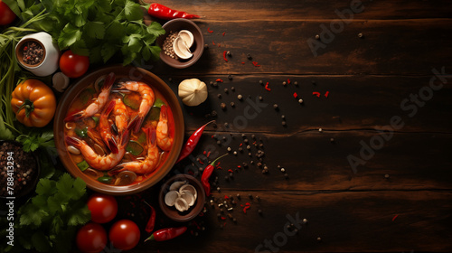 Wallpaper Mural Tom yum soup with ingredients on wood background for context Torontodigital.ca