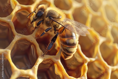 A close-up of a bee on a hexagon within a honeycomb photo