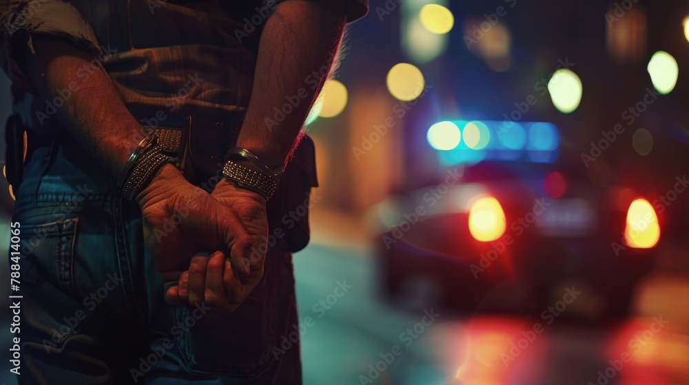 Naklejka premium Arrested man with his arms crossed behind his back and a blurry police car in the background