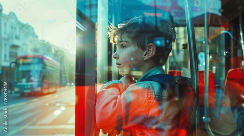 A boy looks out the window of a bus longingly photo