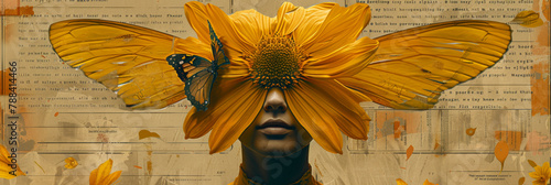 Surreal Butterfly-Eyed Woman with Sunflower over Script Background photo