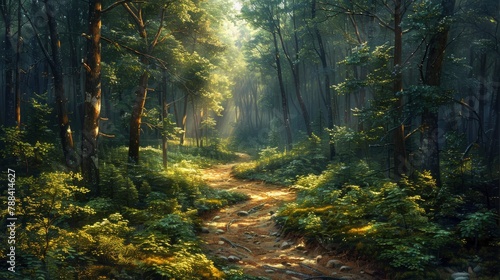 A winding forest trail disappears into the depths of the woods, inviting viewers to follow its meandering path. Sunlight filters through the dense canopy above, casting intricate patterns of light