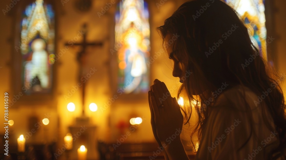 Church atmosphere as an American girl bows her head in prayer