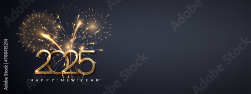 2025 Happy New Year. Gold metal number with fireworks. Holiday elegant celebration banner for Christmas holyday.