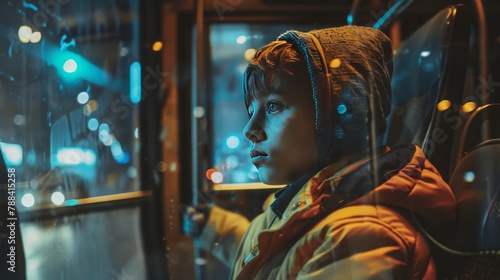 A boy looking out the window of a bus at night