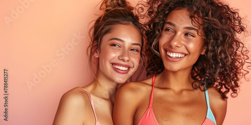 Young smiling women in beautiful fashionable swimsuits on pink background with copy space. Beach season  assortment of swimsuit.