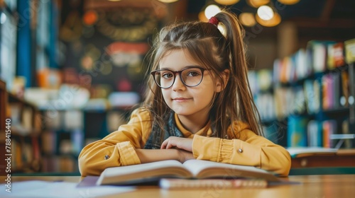 A young girl wearing glasses is sitting in a library, reading a book. She is smiling and looking at the camera. photo