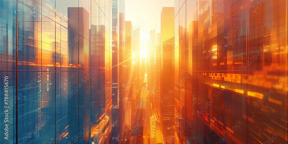 A futuristic cityscape with skyscrapers and buildings reflecting the sunlight, representing innovation in urban development and business. business  building at sunset