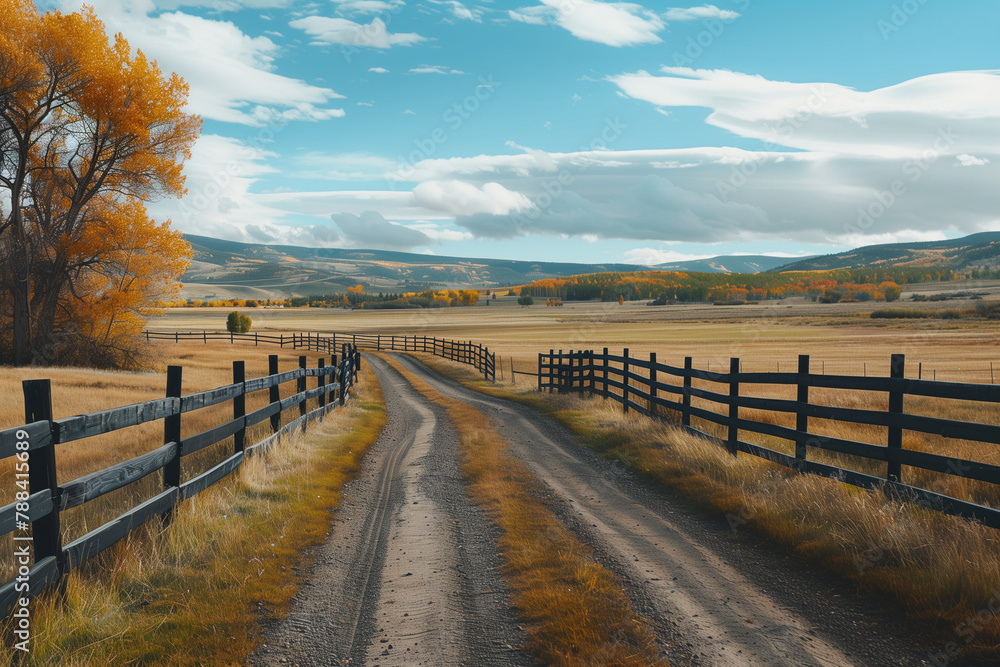 Rustic Autumn Farm Scene with Winding Dirt Road Rustic Autumn Farm Scene with Winding Dirt Road