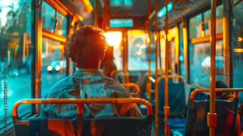 A young man is sitting on the bus, looking out the window. The sun is shining through the window.