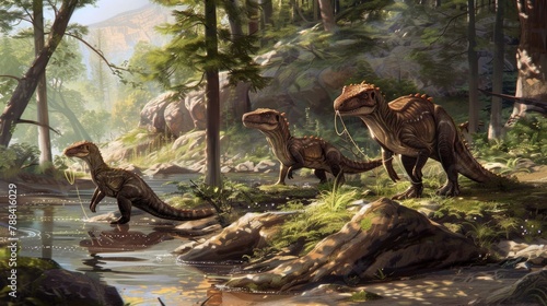 A group of baryonyx puppies fishing by a creek