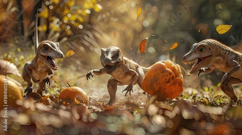 A playful scene of compsognathus puppies chasing a rolling fruit