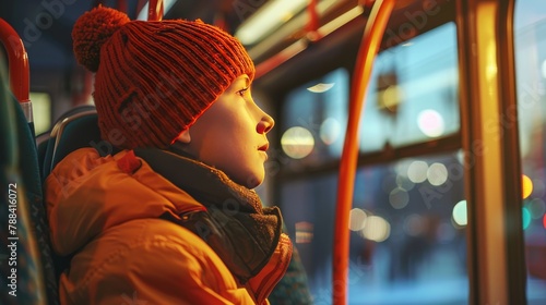 A boy in a red hat is sitting on a bus and looking out the window.