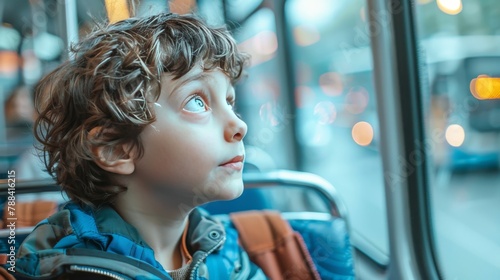 A boy looking out the window of a bus longingly photo