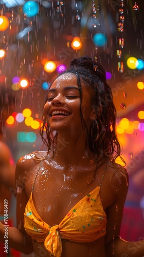A beautiful woman who is extremely happy, It was as if in her mind she saw herself happily dancing outdoors with her friends in the rain the lights lit up with beautiful colors refreshing atmosphere.