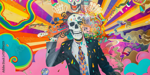 Vibrant Day of the Dead Celebration Artwork with Skull and Confetti