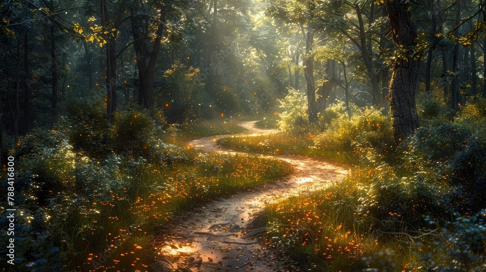 A winding forest trail disappears into the depths of the woods, inviting viewers to follow its meandering path. Sunlight filters through the dense canopy above, casting intricate patterns of light