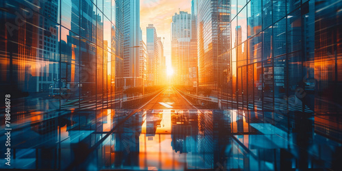 A futuristic cityscape with skyscrapers and buildings reflecting the sunlight, representing innovation in urban development and business. business building at sunset