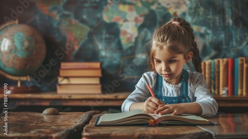 Little girl sitting at a desk in a classroom  writing in a book.