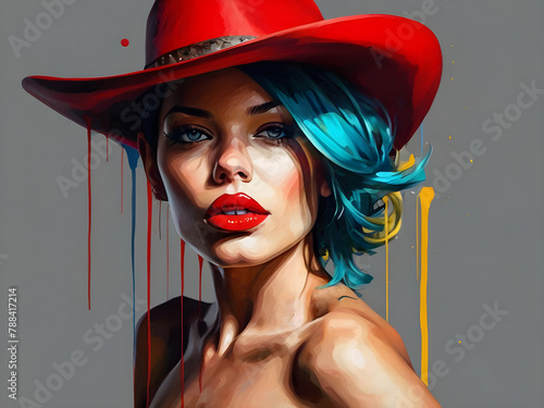 Portrait of a stylish woman with colorful hair,  red lips and a cowboy hat. A painting of a woman - abstract, pop art. © Natasa