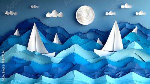 A paper art seascape  with boats and waves made from various shades of blue and white paper on a navy background