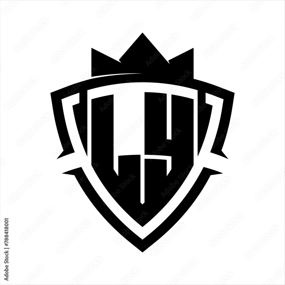 LY Letter bold monogram triangle curve shield shape with crown black and white background color design LY Letter bold monogram triangle curve shield shape with crown black and white background color design