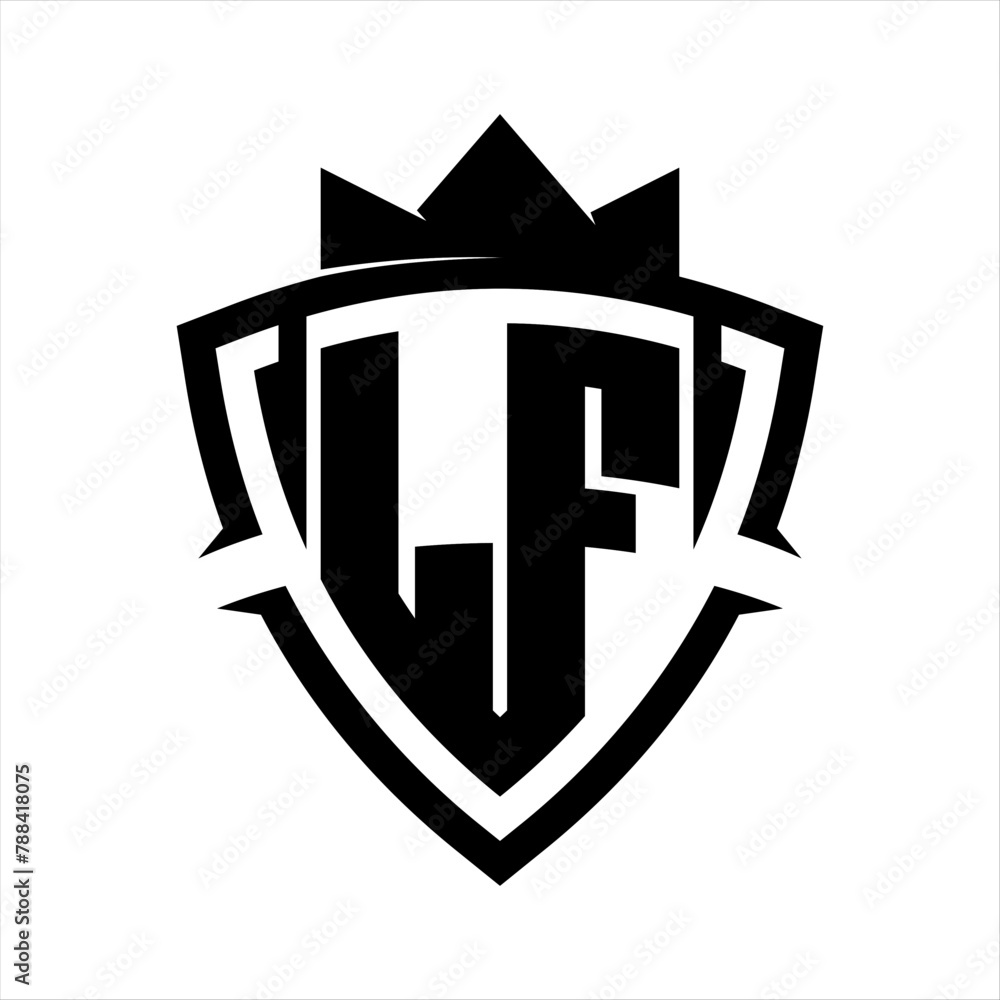 LF Letter bold monogram triangle curve shield shape with crown black and white background color design LF Letter bold monogram triangle curve shield shape with crown black and white background color design